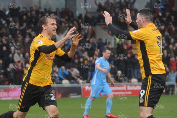300318 - Newport County v Coventry City - Sky Bet League 2 -  Mickey Demetriou of Newport County celebrates his goal with Padraig Amond of Newport County