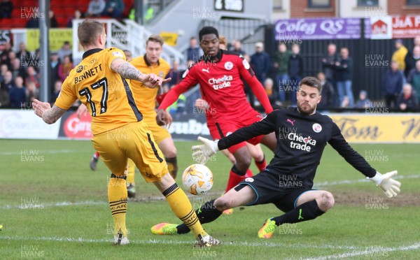 010417 - Newport County v Crawley Town, Sky Bet League 2 - Crawley Town goalkeeper Glenn Morris saves from Scot Bennett of Newport County