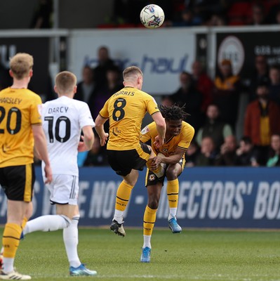 010424 - Newport County v Crawley Town, EFL Sky Bet League 2 - Bryn Morris of Newport County collides with Matty Bondswell of Newport County