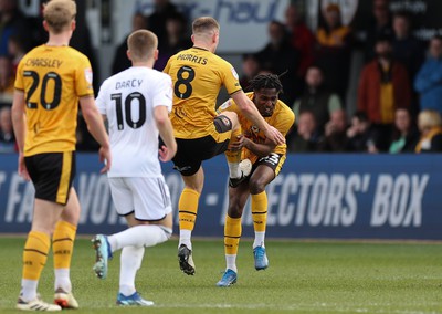 010424 - Newport County v Crawley Town, EFL Sky Bet League 2 - Bryn Morris of Newport County collides with Matty Bondswell of Newport County