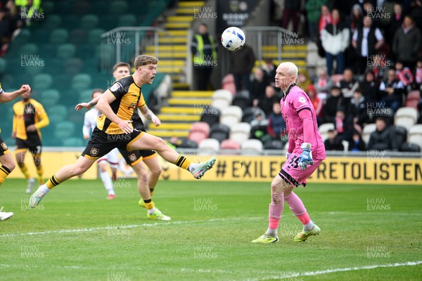 030426 - Newport County v Crawley Town - Sky Bet League 2 - Cameron Evans of Newport County heads close
