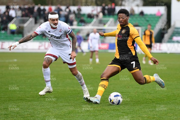 030426 - Newport County v Crawley Town - Sky Bet League 2 - Bobby Kamwa of Newport County is challenged by Jay Williams of Crawley 