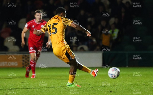 221019 - Newport County v Crawley Town, Sky Bet League 2 - Tristan Abrahams of Newport County scores from the penalty spot