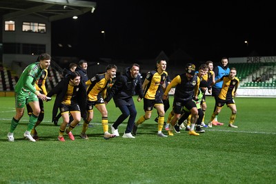 291225 - Newport County v Crewe Alexandra - Sky Bet League 2 - Newport County players and staff celebrate with the fans at full time