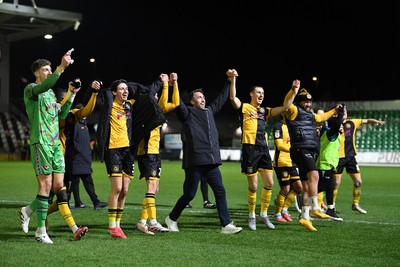291225 - Newport County v Crewe Alexandra - Sky Bet League 2 - Newport County players and staff celebrate with the fans at full time