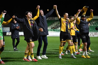 291225 - Newport County v Crewe Alexandra - Sky Bet League 2 - Newport County players and staff celebrate with the fans at full time