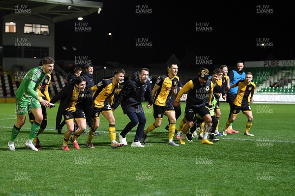 291225 - Newport County v Crewe Alexandra - Sky Bet League 2 - Newport County players and staff celebrate with the fans at full time