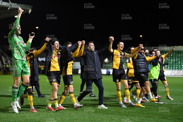 291225 - Newport County v Crewe Alexandra - Sky Bet League 2 - Newport County players and staff celebrate with the fans at full time