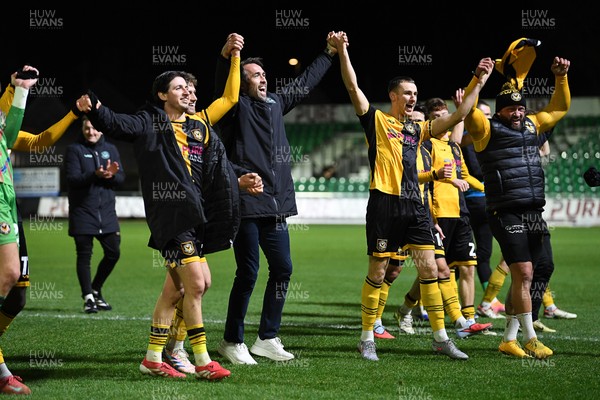 291225 - Newport County v Crewe Alexandra - Sky Bet League 2 - Newport County players and staff celebrate with the fans at full time