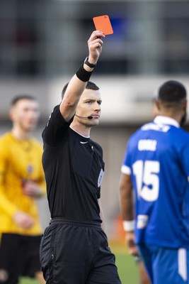 060124 - Newport County v Eastleigh - FA Cup Third Round - Referee Ed Duckworth shows George Langston of Eastleigh a red card