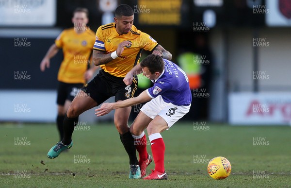 010118 - Newport Count v Exeter City - SkyBet League Two - Joss Labadie of Newport County is tackled by Jordan Tillson of Exeter City
