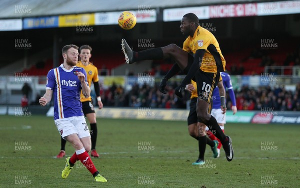 010118 - Newport Count v Exeter City - SkyBet League Two - Frank Nouble of Newport County is challenged by Jake Taylor of Exeter City