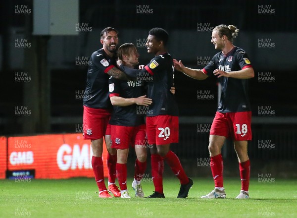 081019 - Newport County v Exeter City, EFL leasingcom Trophy - Matt Jay of Exeter City is congratulated by team mates after scoring the second goal