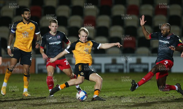 160221 - Newport County v Exeter City, Sky Bet League 2 - Jake Scrimshaw of Newport County tries to get a  shot at goal
