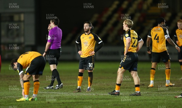 160221 - Newport County v Exeter City, Sky Bet League 2 - Newport County players show dejection at the end of the match after being held by 9 men Exeter City