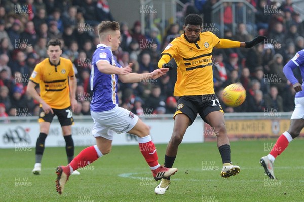 190119 - Newport County v Exeter City - Sky Bet League 2 - Tyreeq Bakinson of Newport County tackles Archie Collins of Exeter City