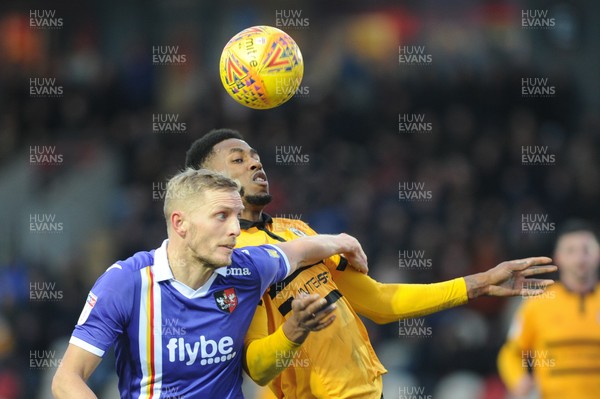 190119 - Newport County v Exeter City - Sky Bet League 2 -   Jamille Matt of Newport County and Dean Moxey of Exeter City battle for possession 