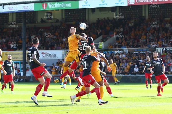 210919 Newport County vs Exeter City - Sky Bet League 2 - Kyle Howkins of Newport County wins a high ball 