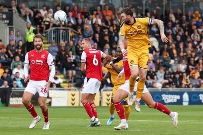 120926 - Newport County v Fleetwood Town - Sky Bet League 2 - Kyle Cameron of Newport County has a headed attempt at goal