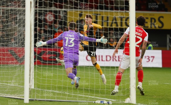131225 - Newport County v Fleetwood Town, EFL Sky Bet League 2 - Michael Spellman of Newport County’s has his shot saved by Jay Lynch of Fleetwood Town
