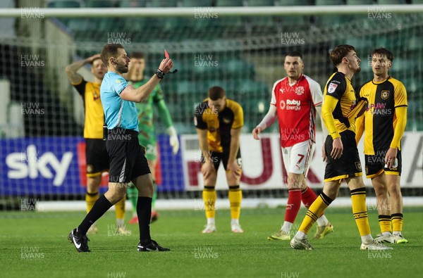 131225 - Newport County v Fleetwood Town, EFL Sky Bet League 2 - Michael Spellman of Newport County is shown a red card