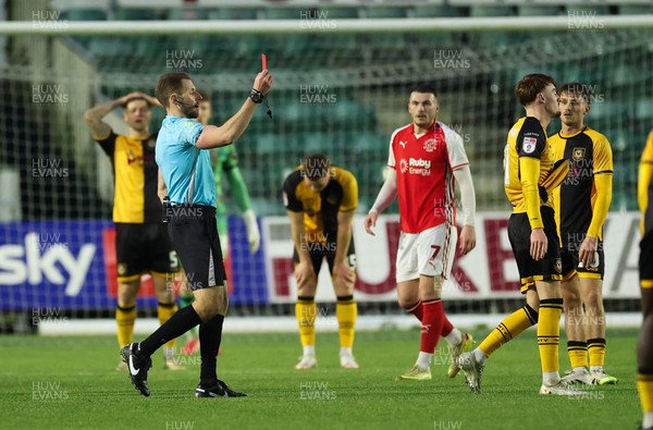 131225 - Newport County v Fleetwood Town, EFL Sky Bet League 2 - Michael Spellman of Newport County is shown a red card