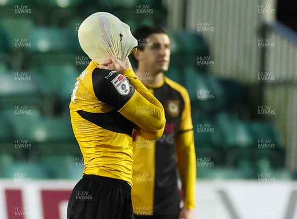 131225 - Newport County v Fleetwood Town, EFL Sky Bet League 2 - Michael Spellman of Newport County reacts as he leaves the pitch after being shown a red card