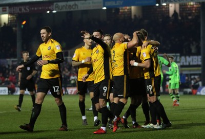 060318 - Newport County v Forest Green Rovers, Sky Bet League 2 - Newport County players celebrate after Paul Hayes score the second goal