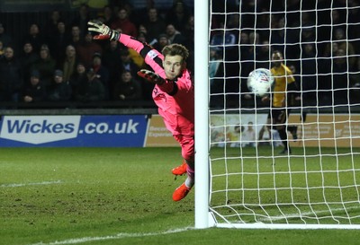 060318 - Newport County v Forest Green Rovers, Sky Bet League 2 - Forest Green Rovers goalkeeper Bradley Collins is beaten by a shot from Dan Butler of Newport County, as he scores the first goal