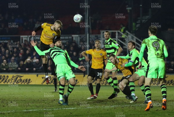 060318 - Newport County v Forest Green Rovers, Sky Bet League 2 - Dan Butler of Newport County heads the ball forward to set up the second goal for Paul Hayes