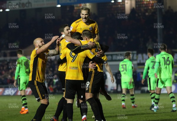 060318 - Newport County v Forest Green Rovers, Sky Bet League 2 - Newport County players celebrate after Paul Hayes score the second goal