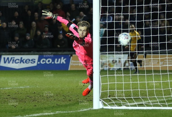 060318 - Newport County v Forest Green Rovers, Sky Bet League 2 - Forest Green Rovers goalkeeper Bradley Collins is beaten by a shot from Dan Butler of Newport County, as he scores the first goal