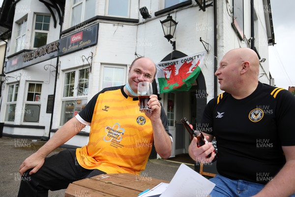 180521 - Newport County v Forest Green Rovers, Sky Bet League 2 Play Off Semi Final, First Leg - Newport fans Chris Clark and Ian Lansdale at The Dodger pub near Rodney Parade prior to the Newport County v Forest Green Rovers match, the first time fans have been able to watch live sport in Wales since the pandemic started This match is one of a number of pilot events designed to allow crowds back into live events in Wales 