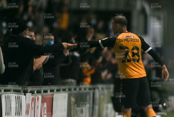180521 - Newport County v Forest Green Rovers, Sky Bet League 2 Play Off Semi Final, First Leg - Mickey Demetriou of Newport County fist bumps a fan at the end of the match