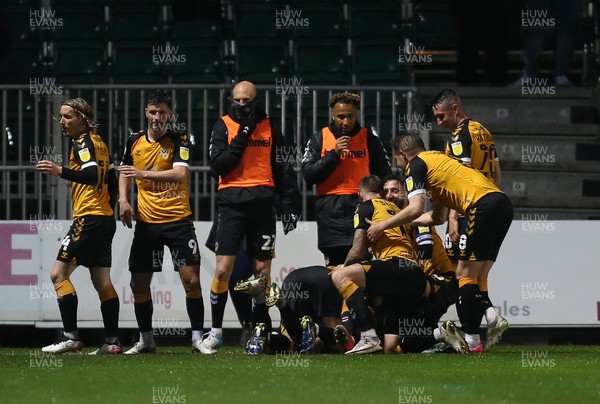 180521 - Newport County v Forest Green Rovers, Sky Bet League 2 Play Off Semi Final, First Leg - Lewis Collins of Newport County is mobbed by team mates as he celebrates after scoring the second goal