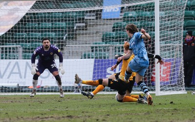 210221 Newport County v Forest Green Rovers, Sky Bet League 2 - Josh Davison of Forest Green Rovers shoots to score the opening goal