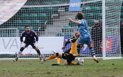 210221 Newport County v Forest Green Rovers, Sky Bet League 2 - Josh Davison of Forest Green Rovers shoots to score the opening goal