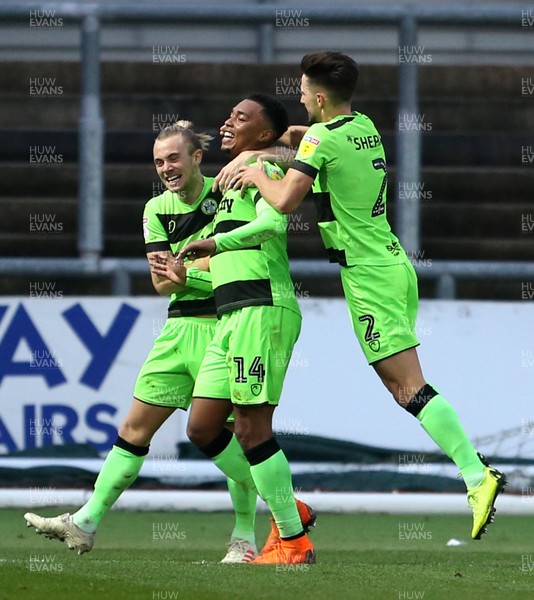 261218 - Newport County v Forest Green Rovers - SkyBet League Two - Tahvon Campbell of Forest Green Rovers celebrates scoring a goal with team mates