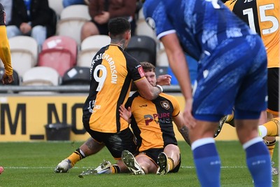 011125 - Newport County v Gillingham - FA Cup First Round - Cameron Evans of Newport County celebrates scoring a goal with Courtney Baker-Richardson of Newport County