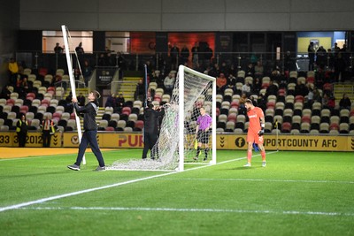 011125 - Newport County v Gillingham - FA Cup First Round - The penalty shootout is delayed due to an issue with the goals