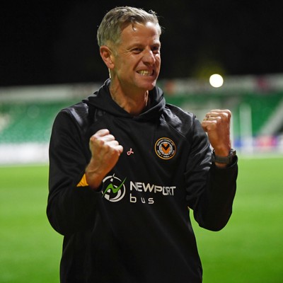 011125 - Newport County v Gillingham - FA Cup First Round - Newport County Manager, David Hughes celebrates the win at full time