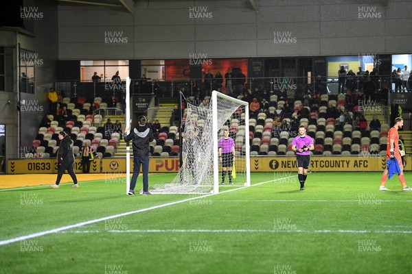 011125 - Newport County v Gillingham - FA Cup First Round - The penalty shootout is delayed due to an issue with the goals