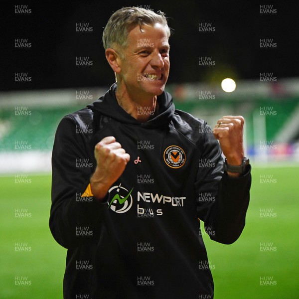 011125 - Newport County v Gillingham - FA Cup First Round - Newport County Manager, David Hughes celebrates the win at full time