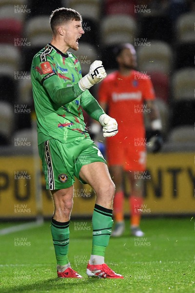 011125 - Newport County v Gillingham - FA Cup First Round - Jordan Wright of Newport County celebrates after he saves a penalty