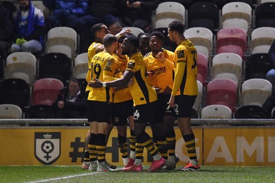 040325 - Newport County v Gillingham - Sky Bet League 2 - Bobby Kamwa of Newport County scores the first goal of the game from a free kick