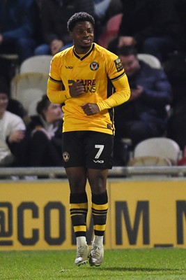 040325 - Newport County v Gillingham - Sky Bet League 2 - Bobby Kamwa of Newport County scores the first goal of the game from a free kick