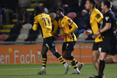 040325 - Newport County v Gillingham - Sky Bet League 2 - Bobby Kamwa of Newport County scores the first goal of the game from a free kick