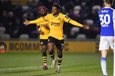 040325 - Newport County v Gillingham - Sky Bet League 2 - Bobby Kamwa of Newport County celebrates scoring his second goal of the match