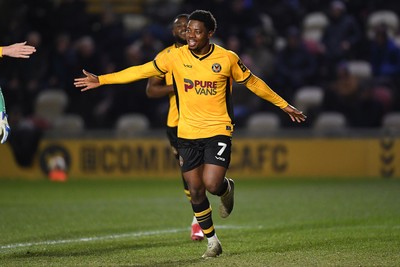 040325 - Newport County v Gillingham - Sky Bet League 2 - Bobby Kamwa of Newport County celebrates scoring his second goal of the match