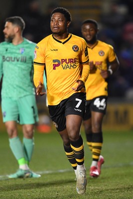 040325 - Newport County v Gillingham - Sky Bet League 2 - Bobby Kamwa of Newport County celebrates scoring his second goal of the match